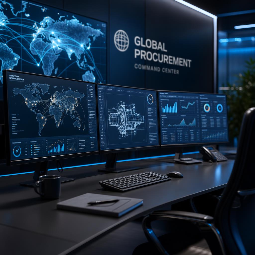 Global procurement command center with supply chain dashboards and technical drawings